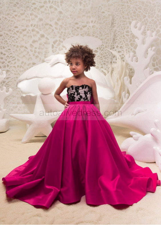 Strapless Lace Satin Long Flower Girl Dress With Train